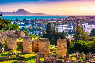 view from hill byrsa with ancient remains of carthage and landscape. tunis, tunisia.