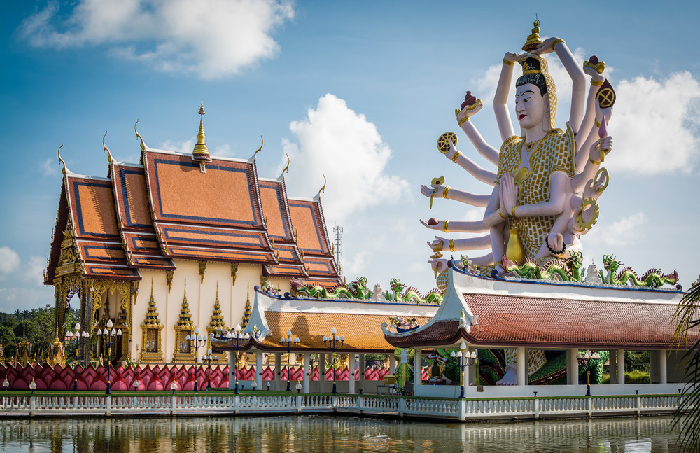 wat plai laem temple with 18 hands goddess statue (guan yin) in koh samui, surat thani, thailand.