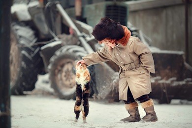 funny little red-haired boy in earflaps hat is stroking a cat in the country in winter against a tractor background. cat is standing on hint legs.  image with selective focus and toning.
