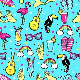 tropic seamless pattern with flamingo, toucan, rainbow, cocktail, guitar, sunglasses, surf board, etc. vector background with fashion patches and stickers in cartoon 80s-90s trendy style.