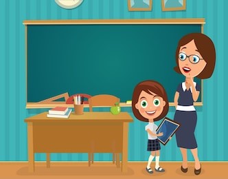 teacher and girl. vector flat color illustration