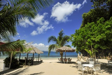 scenic sea view of the kapas island (cotton island) at terengganu, malaysia. clear sea water and blue sky background.