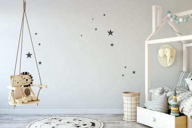 mock up wall in child room interior. interior scandinavian style. 3d rendering, 3d illustration