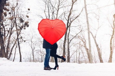 valentine day concept. love in air.couple in park with heart umbrella