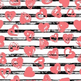 valentine's day background. grunge brush strokes hearts and stripes seamless pattern. love. 