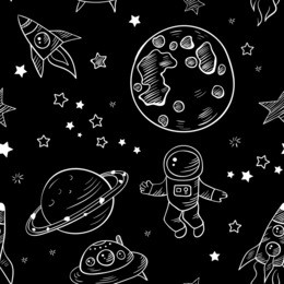 vector cartoon hand drawn seamless pattern with space doodles, space objects