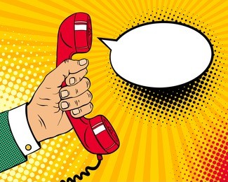 pop art background with male hand holding old phone handset and empty speech bubble for your offer. vector colorful hand drawn illustration in retro comic style.
