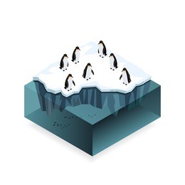 penguins on ice in the open sea, isometric concept. low poly 3d concept of nature in antarctica. vector illustration.