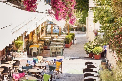 beautiful street in the old district of plaka in athens, greece