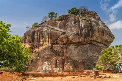 the second level stairs and entrance to the former fortress and monastery of sigiriya rock, guarded by a pair of lion feet in sri lanka.