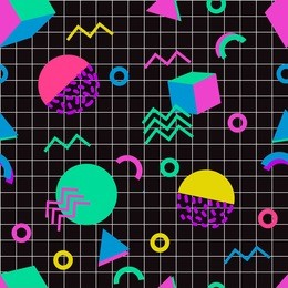 vector seamless creative pattern with geometric shapes in memphis style. neon colors. background for printing brochure, poster, party, summer print,  textile design, card.  