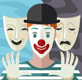 clown mime actor playing and theater comedy and drama sad and happy masks