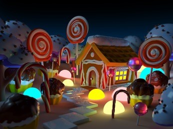 candy land landscape at night with gingerbread house in sweet forest and magic light . 3d illustration.
