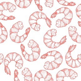 hand drawn seafood seamless pattern. shrimp background vintage sketch style prawn. vector illustration
