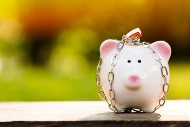 a piggy bank with security and lock in public park, saving money for real estate  and property protection concept.