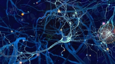 conceptual illustration of neuron cells with glowing link knots in abstract dark space, high resolution 3d illustration