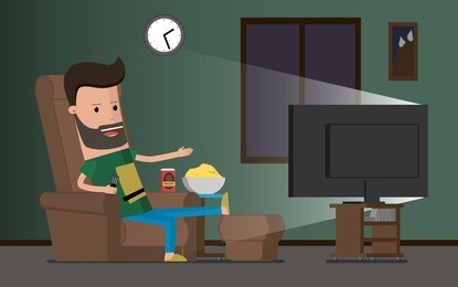 man watching tv and drinking beer, vector illustration. lazy slacker in the chair watch television