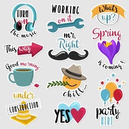 set of stickers with text and everyday expressions for social media, chat, messages, mobile and web apps, online communication, networking, web design, labels and printed material.