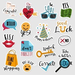 set of stickers with text and everyday expressions for social media, chat, messages, mobile and web apps, online communication, networking, web design, labels and printed material.