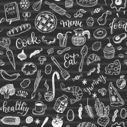 seamless vector pattern with hand drawn food on a chalkboard background