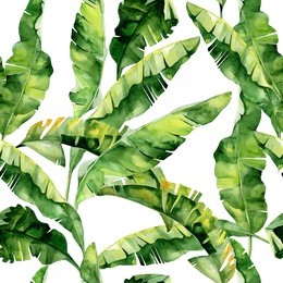 seamless watercolor illustration of tropical leaves, dense jungle. pattern with tropic summertime motif may be used as background texture, wrapping paper, textile,wallpaper design. banana palm leaves.