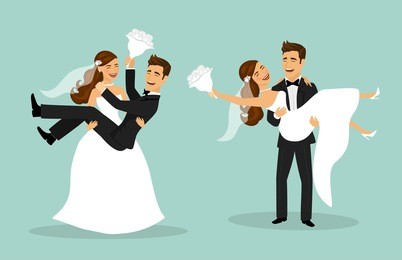 just married funny couple, bride and groom carry each other after wedding ceremony