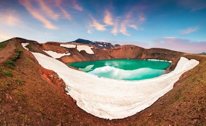 colorful summer scene with crater pool of krafla volcano. exotic sunset in the northeast iceland, myvatn lake located, europe. artistic style post processed photo.