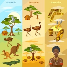 australia travel banner. animals and people of australia, bushmen, koalas, ostriches, kangaroos