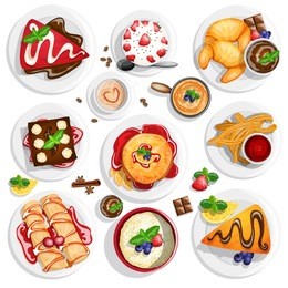 dessert top view. collection of different dessert foods in high detailed coloring style on white background