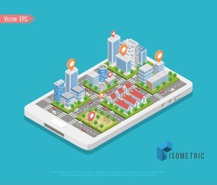 flat isometric buildings on smartphone screen, smart city app infographics template vector illustration. 3d isometry mobile application concept.