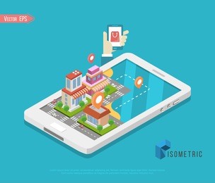 flat isometric buildings on smartphone screen, smart city app infographics template vector illustration. 3d isometry mobile application concept.
