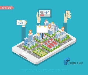 flat isometric buildings on smartphone screen, smart city app infographics template vector illustration. 3d isometry mobile application concept.