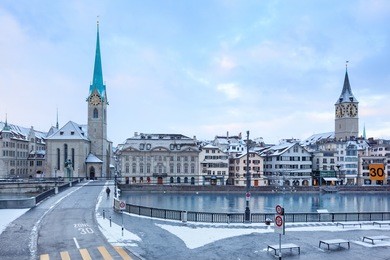 winter landscape of zurich with lake, switzerland