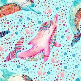 watercolor lovely dolphins seamless pattern on background with bubbles. childish mammals in cartoon style. hand painted cute animal illustration