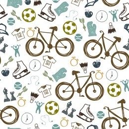 vector hipster background with silhouette of bicycle and sport equipment