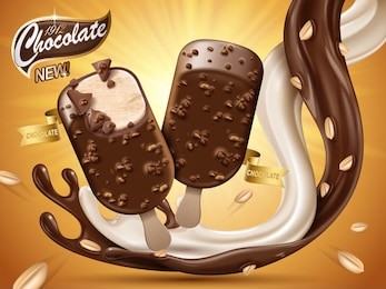 chocolate milk ice bar with flowing liquid and peanut elements, orange background in 3d illustration