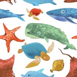 seamless texture on ocean animals, marine life. illustration technique collage of watercolor textures. whale, dolphin, sperm whale, fish, flounder, jellyfish, turtle, starfish.