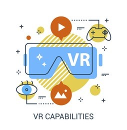 virtual reality capabilities flat infographic icon concept. vr glasses with functionality symbols. premium quality thin line vector illustration concept for website element, mobile websites, apps.