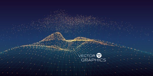 cyber vector landscape made of wireframe and particles with rising particles above with connection line. modern design concept for technology illustration, big data.