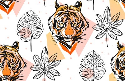 hand drawn vector abstract creative seamless pattern with tiger face illustration and tropical exotic palm leaves in pastel colors isolated on white background.design for fashion fabric,decoration