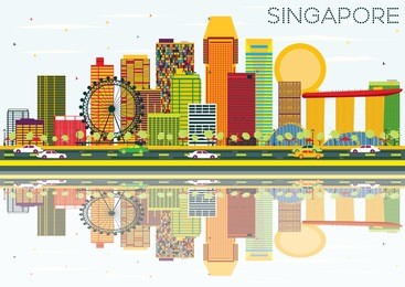 singapore skyline with color buildings, blue sky and reflections. vector illustration. business travel and tourism concept. image for presentation banner placard and web site.