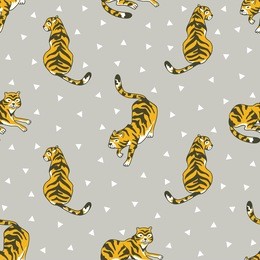 vector seamless pattern with tigers and triangles isolated on the grey background. animal  background for fabric or wallpaper boho design.