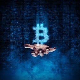 binary bitcoin hand / 3d illustration glowing bitcoin symbol formed by binary digits floating above open hand