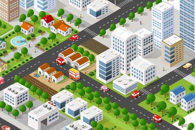 isometric 3d building city green concept private, municipal real estate. home collection hotel, gardens, architecture cityscape. green tree buildings map illustration elements set business vector game
