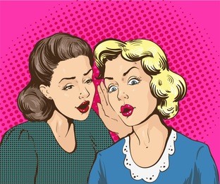 pop art retro comic vector illustration. woman whispering gossip or secret to her friend.