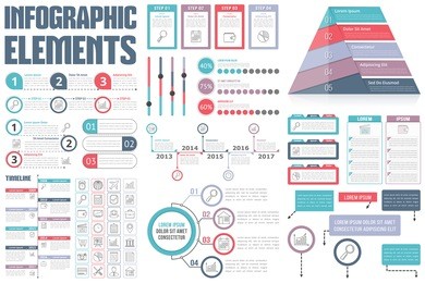 infographic elements - process infographics, workflow diagrams, timeline infographics, steps and options, pyramid chart, table, text box, flowchart design elements, vector eps10 illustration