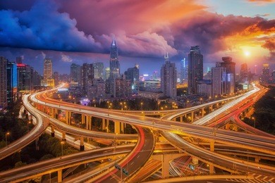 cross junction, super highway in shanghai city with sunset sky, shang hai, china, asia