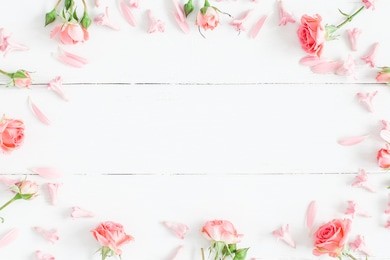 spring flowers. pink flowers on white wooden background. flat lay, top view