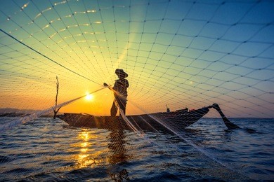 fisherman net sunset silhouette boat