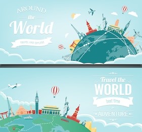travel composition with famous world landmarks. travel and tourism. concept website template. vector. modern flat design.